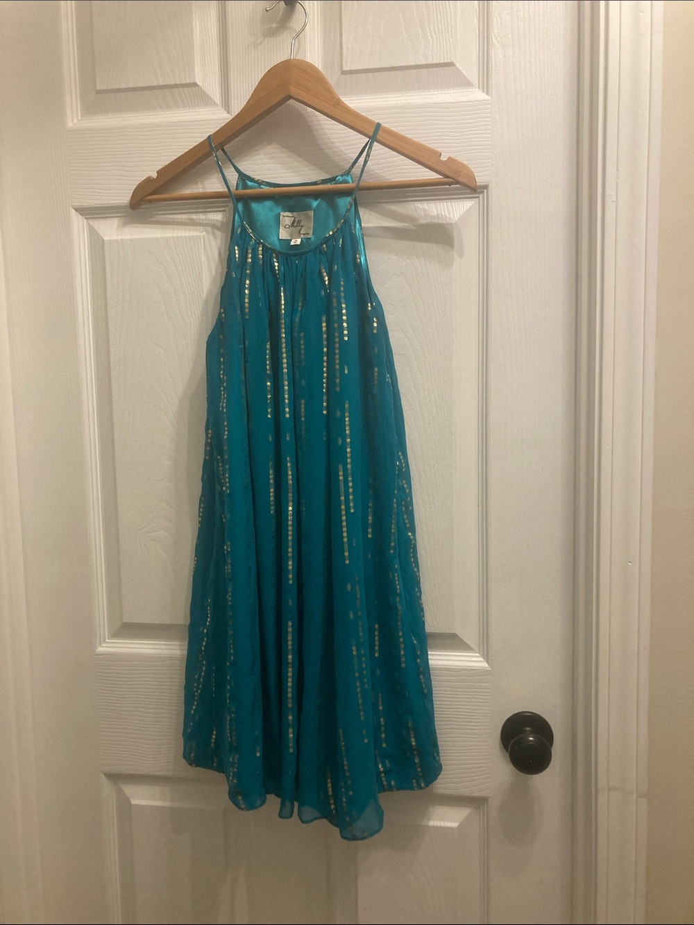 Original Milly of NY Cocktail dress Teal w/ gold metallic accents VGUC Size 2